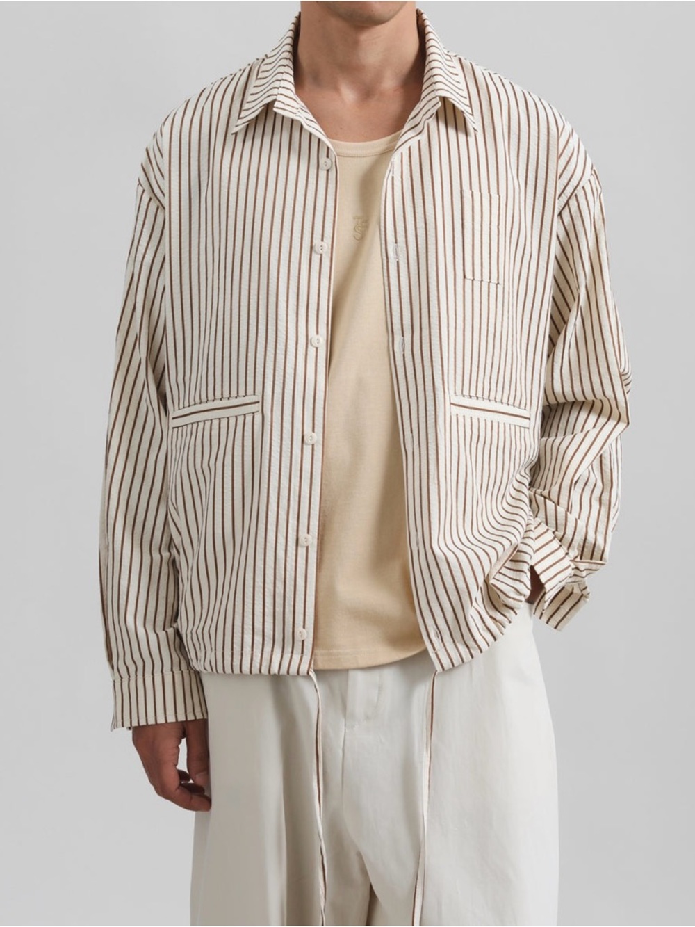 The Frankie Shop CORWIN Beige & Brown Striped Shirt Jacket